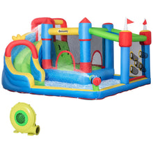 Château gonflable avec piscine pour enfants coloré en bleu rouge vert et jaune disponible dans magasins de jouets