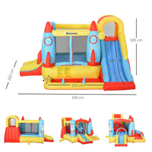 Château gonflable enfant expansif jaune bleu et rouge en forme de fusée avec toboggans et souffleur intégré