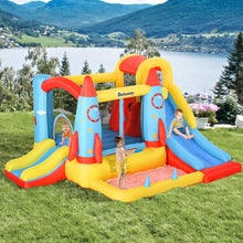 Château gonflable enfant rouge bleu et jaune en forme de fusée avec toboggans et souffleur pour enfants
