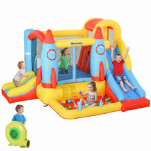 Château gonflable enfant bleu rouge et jaune avec souffleur toboggan et piscine à balles pour enfant