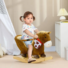 Cheval à bascule homcom marron en peluche avec effets sonores, selle imprimée vache et base en bois pour 18 à 36 mois