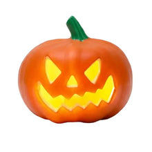 Citrouille lumineuse halloween en plastique orange avec tige verte et visage lumineux jaune pour décoration festive