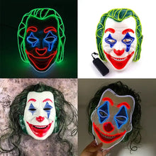 Masque clown effrayant led avec contours néon verts rouges et bleus sur plaque blanche pour halloween