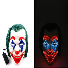 Masque clown effrayant led lumineux avec cheveux verts et visage rouge et bleu souriant pour halloween