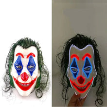 Masque clown effrayant avec led, cheveux verts, traits rouges et bleus pour halloween