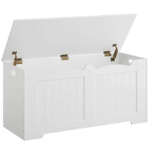 Rangement banc enfant en bois blanc avec couvercle à charnières métalliques dorées pour rangement pratique
