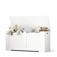 Coffre de rangement banc enfant blanc en bois avec couvercle à charnière et oursons en peluche à l’intérieur