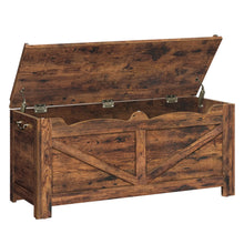 Rustic brown wooden rangement banc enfant with hinged lid and metal hinges for organized storage