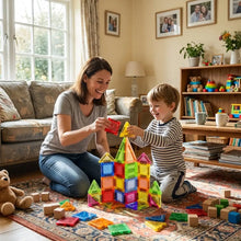 Coffret de 26 blocs magnétiques multicolores avec boîte métallique disposés en château variante disponible