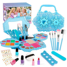 Coffret de maquillage lavable pour enfant avec boîte bleue pailletée thème flocon, palettes colorées, pinceaux et vernis