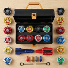 Coffret toupies combat beyblade noir et orange avec toupies colorées, lanceurs et accessoires, idéal magasins de jouets