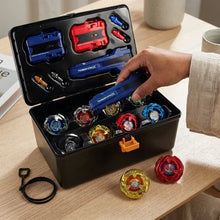 Coffret toupies combat beyblade en plastique noir avec lanceurs bleu et rouge et toupies colorées pour magasins de jouets