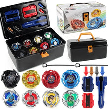 Coffret toupies combat beyblade en plastique noir avec poignée orange contenant toupies colorées idéal magasins de jouets