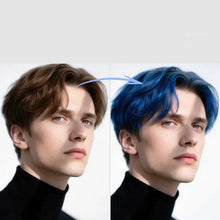 Coloration temporaire cheveux halloween avec coiffure ondulée texturée bleu électrique vif en cire colorante