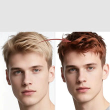 Un homme avec une coloration temporaire cheveux halloween en cire colorante rouge cuivré au style moderne et légèrement décoiffé