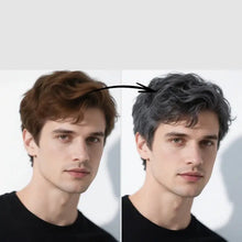 Avant et après coloration temporaire cheveux halloween avec cire colorante passant du brun naturel au gris foncé ondulé