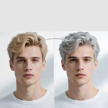 Homme avec coloration temporaire cheveux halloween en cire colorante bicolore blond clair et gris argenté