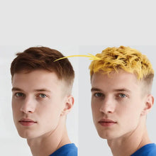 Comparaison de coloration temporaire cheveux halloween avec cire colorante pour cheveux brun naturel et jaune vif bouclé