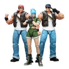 Figurines combattants escouade militaire 1/18 avec trois personnages musclés en poses dynamiques et tenues distinctes