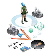 Figurines combattants escouade militaire 1/18 vertes et noires avec cheveux bleus sur socle transparent
