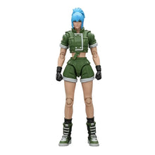 Figurines combattants escouade militaire 1/18 d une femme aux cheveux bleus en tenue tactique verte avec gants noirs