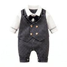 Combinaison bébé garçon gentleman noir et blanc rayée avec gilet assorti boutons en bois et nœud papillon élégant