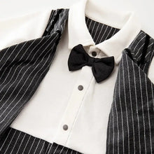 Combinaison bébé garçon costume élégant avec gilet noir rayé et nœud papillon assorti sur chemise blanche