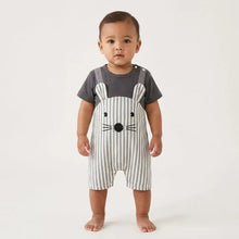 Combinaison bébé garçon lapinou gris rayé et blanc avec broderie noire visage lapin pour nouveau-né