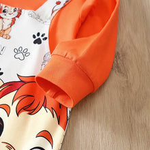 Combinaison bébé garçon roi lion avec haut orange manches longues et motif lion et pattes blanc sur le devant