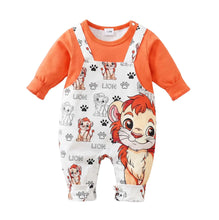 Combinaison bébé garçon roi lion orange et blanche à manches longues en tissu doux avec lions et empreintes cartoon
