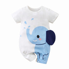Combinaison bébé unisexe blanche en coton avec éléphant bleu clair joueux aux oreilles bleu marine et joues roses