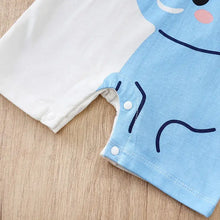 Combinaison bébé unisexe bleu et blanc avec motif éléphant cartoon, boutons pression à l’épaule, cheeks roses