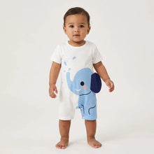 Combinaison bébé unisexe blanche en coton avec éléphant bleu clair et oreille bleu foncé blush rose imprimé