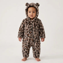 Combinaison bébé unisexe en peluche imprimé léopard avec capuche à oreilles dours brun et noir confortable
