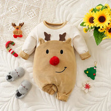 Combinaison bébé unisexe en peluche beige thème renne avec bois marron nez pompon rouge yeux brodés noirs sourire