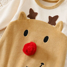 Combinaison bébé unisexe renne en peluche beige avec yeux noirs brodés, nez pompon rouge et bois en forme d etoile en marron