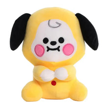 Peluche compagnon pop modèle jaune en peluche avec oreilles noires, joues roses, visage blanc et motif lune croissant