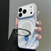 Vue arrière dune coque de téléphone magnétique blanche finition mate avec support intégré et design perforé