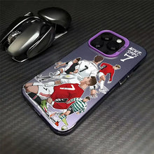 Coque iphone football ronaldo avec cadre violet et illustration dynamique de cristiano ronaldo en action