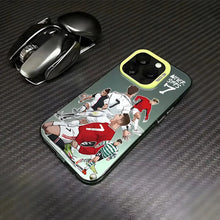 Coque iphone football ronaldo translucide avec illustration dynamique de joueurs football et texte never stops au dos