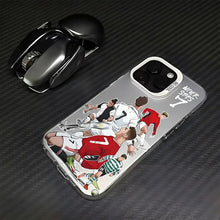 Coque iphone football transparente avec illustration dynamique de joueurs en rouge et blanc et texte never says