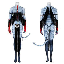Costume cosplay avatar feu cendres combinaison intégrale rayée bleu blanc avec franges noires et gants rouges