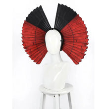 Red and black fan-shaped headpiece with structured layered design for costume cosplay avatar feu cendres