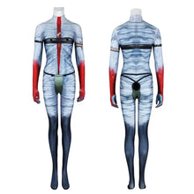 Costume cosplay avatar feu cendres avec combinaison zentai moulante marbrée blanc gris et bleu foncé aux pieds avec bandes rouges