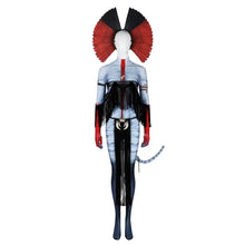 Costume cosplay avatar feu cendres avec coiffe rouge et noire à plumes et tissu bleu-gris rayé ajusté