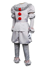 Costume cosplay clown penny gris avec boutons rouges en pompon et détails à volants pour cosplay clown
