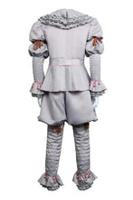 Costume cosplay clown penny en satin gris avec col volanté, manches bouffantes et pantalons matelassés à pampilles roses