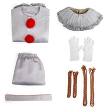 Costume cosplay clown penny en satin gris avec boutons pompon rouges et col volanté pour cosplay clown