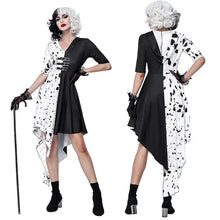 Robe costume cosplay cruella deville noire et blanche à motif dalmatien avec design fendu côté noir uni et côté tacheté blanc