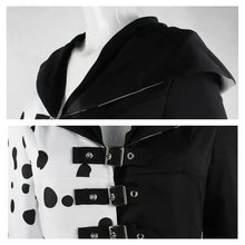 Manteau noir et blanc à taches avec capuche et boucles argentées costume cosplay cruella deville